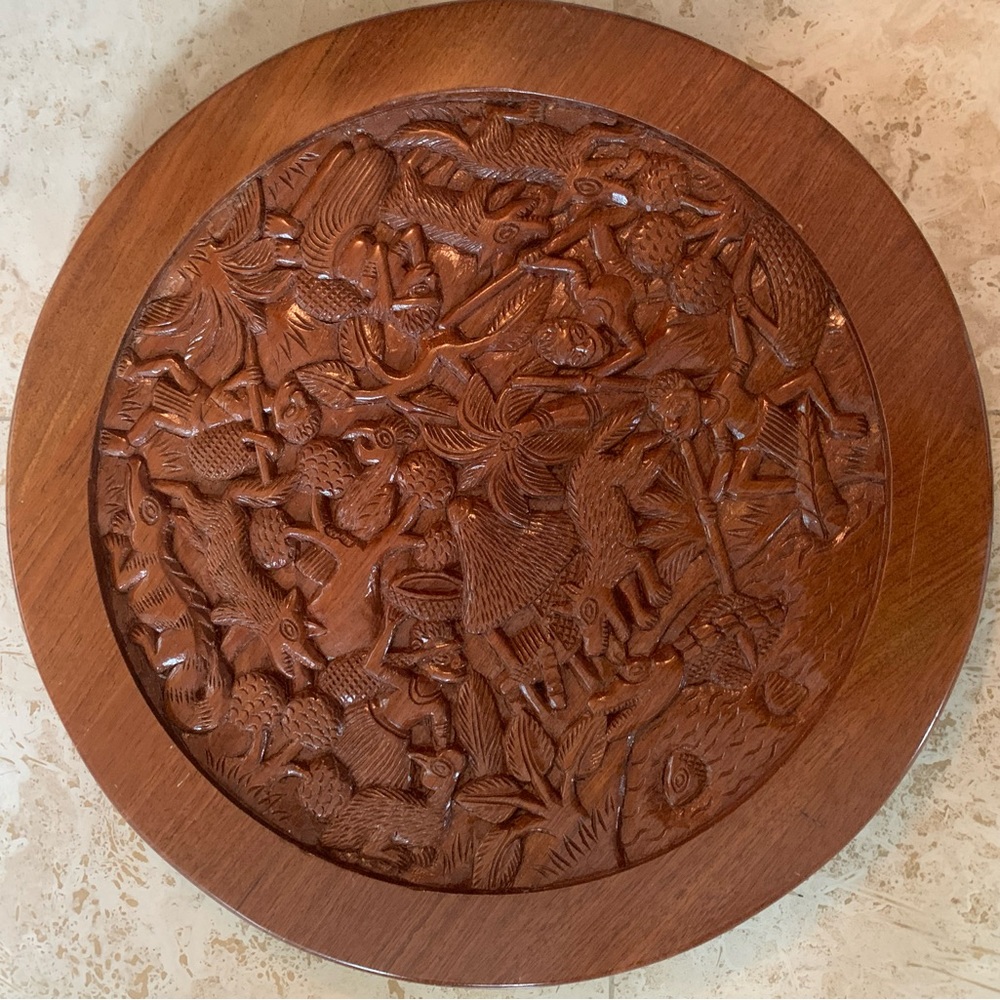 Vintage large carved wood medallion lazy Susan